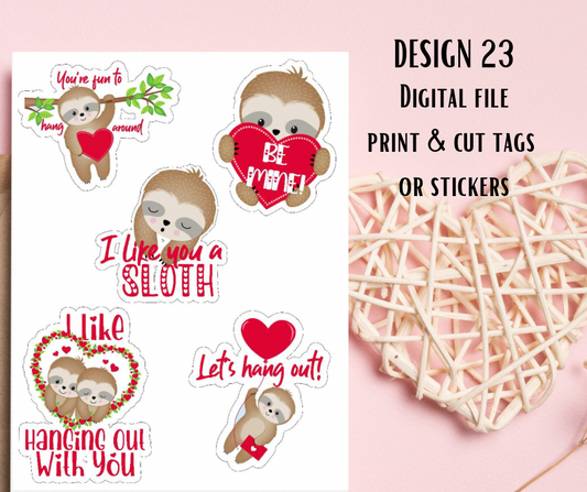 Valentine sloth tags or stickers